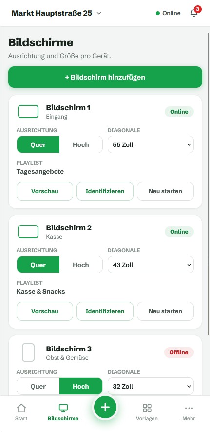 PromoFast App – Bildschirmverwaltung mit Online-Status
